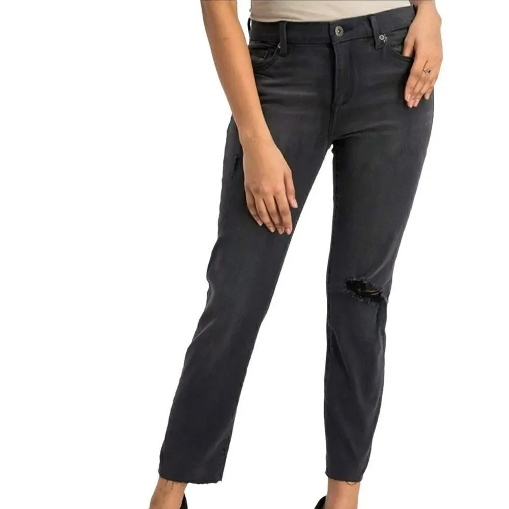 Pistola Aces High Black Distressed Hi-Rise Straight Leg Jeans Stretch Raw Hem 28